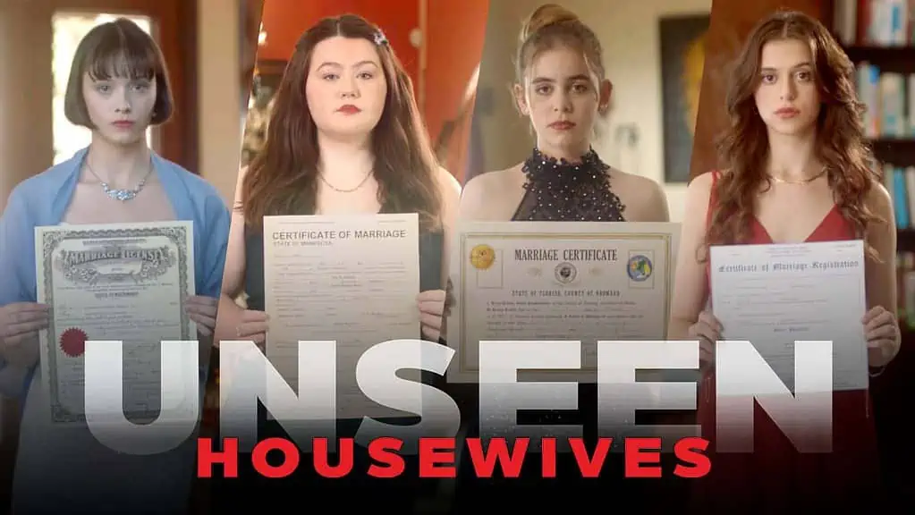 Split screen image of four teenage girls in formal wear -- Jennifer, Patricia, Jenn and Fatemah -- all holding marriage certificates. Overlaid logo reads "Unseen Housewives."