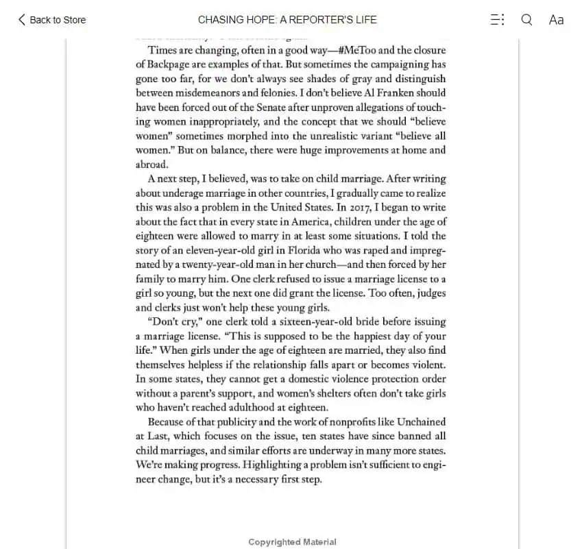 screenshot of the portion of Nicholas Kristof' book. Chasing Hope, that mentions Unchained and Fraidy's work to end child marriage in the U.S.