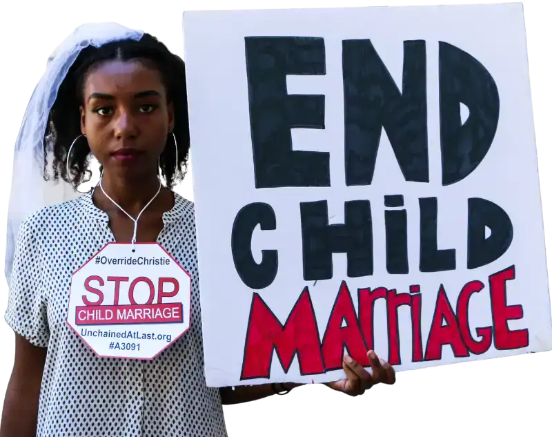 Young woman holding a sign that reads End Child Marriage